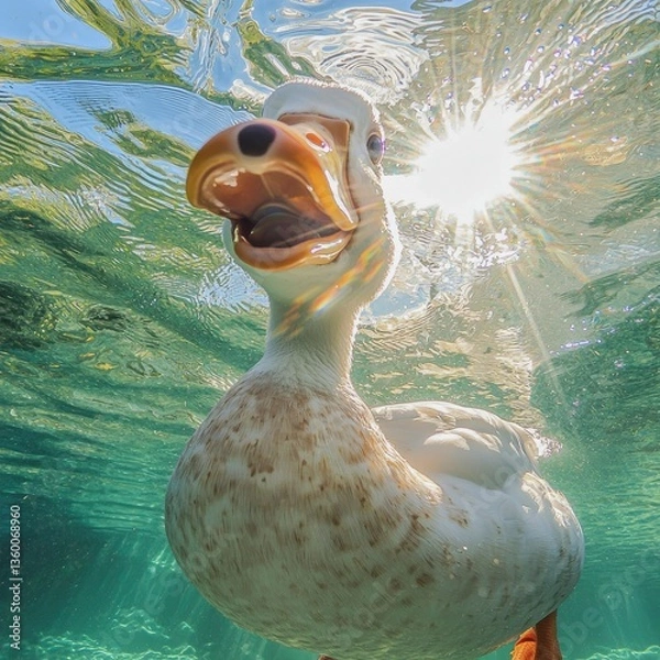 Obraz Underwater Portrait of a Cheerful Duck, Sunlit Water