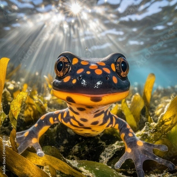 Obraz Underwater Close-Up of a Vibrant Yellow-Spotted Frog