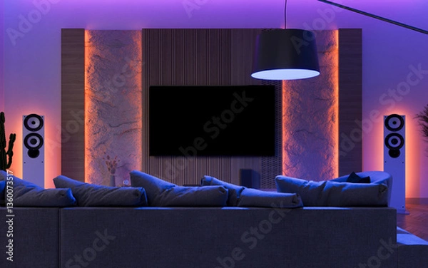 Fototapeta Colored lights in the living room create smart home lighting moods. 3D render.