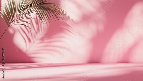 Fototapeta Palm leaf casting shadows on a pink wall and floor, creating an abstract backdrop