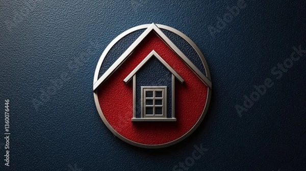 Fototapeta A professional badge for a real estate agency, featuring an abstract house shape within a circular design, using sophisticated colors like dark blue and silver