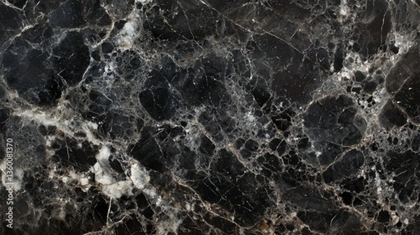 Obraz Dramatic polished onyx marble surface in deep black with intricate white and gray veining.