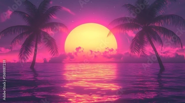Fototapeta Neon-drenched synthwave sunset with palm trees for a retro music playlist cover full of vibes