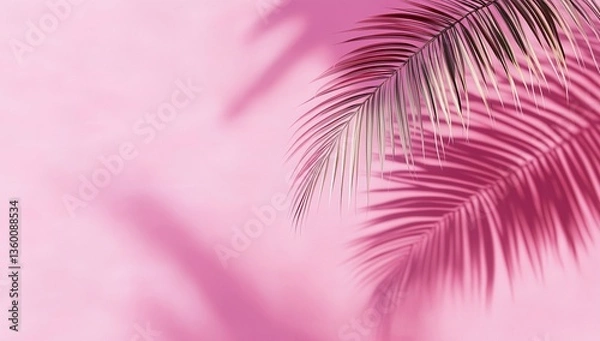 Fototapeta Palm Leaf Shadow on Pink Wall, Tropical Minimalist Aesthetic for Backgrounds and Overlays