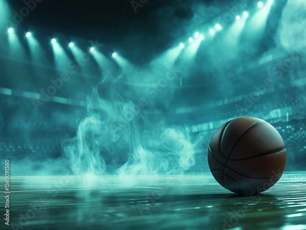Fototapeta Close-up of a basketball on court with stadium background under dramatic lighting