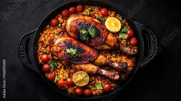 Fototapeta Glazed Chicken Legs with Saffron Rice and Colorful Garnish