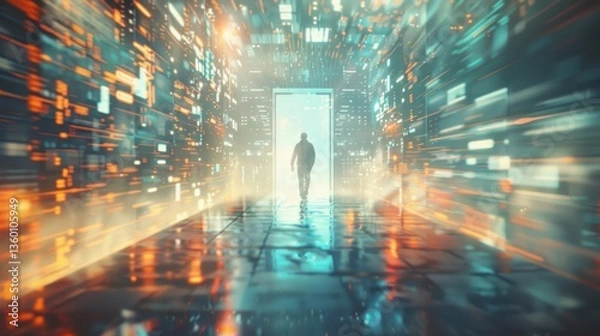 Obraz Silhouette businessman walk moving forward into metaverse door digital future technology. Generate AI