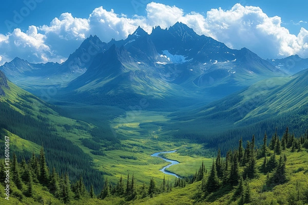 Obraz Majestic Mountain Valley with Peaks and Winding Streams: Awe-Inspiring Landscape