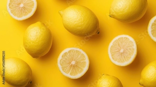Fototapeta Vibrant Overhead Shot of Whole and Halved Lemons Artfully Arranged Against a Bright Yellow Background for a Fresh and Lively Visual Appeal