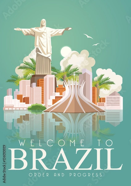 Obraz Wektor plakat podróżniczy Brazylii z kolorowym, nowoczesnym wzornictwem, brazylijskim krajobrazem i zabytkami. Karta reklamowa Rio de Janeiro z figurą Jezusa. Karnawał Samby. Symbole brazylijskiej piłki nożnej