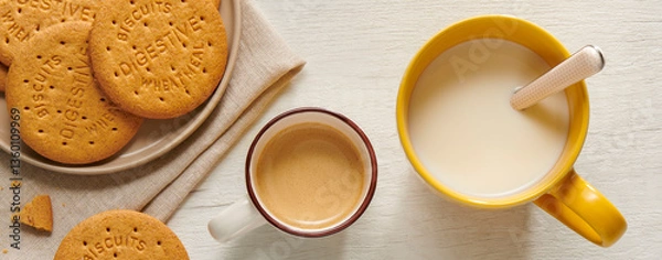 Obraz Colazione all'Italiana con caffè, latte e biscotti visti dall'alto