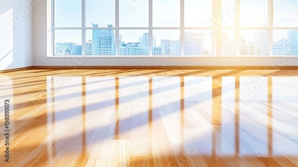 Fototapeta Modern hyperrealistic rustic living room design with uneven floor and bright urban sunlight