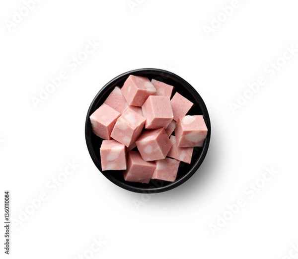Obraz Cubetti di mortadella dentro un ciotola, top view.