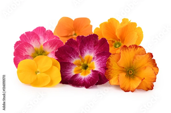 Obraz Gruppo di fiori di primula, isolati su sfondo bianco.