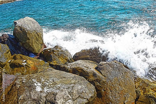 Fototapeta Scogli con mare mosso e spruzzi.
