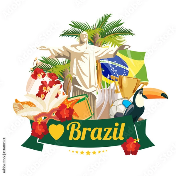 Obraz Vector travel poster of Brazil with colorful modern design, brazilian landscape and monuments. Rio de Janeiro advertising card with statue of Jesus. Carnival of Samba. Brazilian football symbols