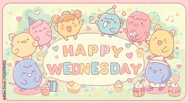 Fototapeta Happy Wednesday Illustration with Cute Cartoon Characters and Festive Elements