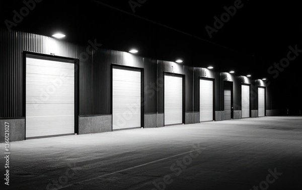 Fototapeta Night view of a row of closed garage doors in a dark industrial building. The ground is lightly covered with gravel or snow. The lighting is artificial, casting a dim glow on the scene