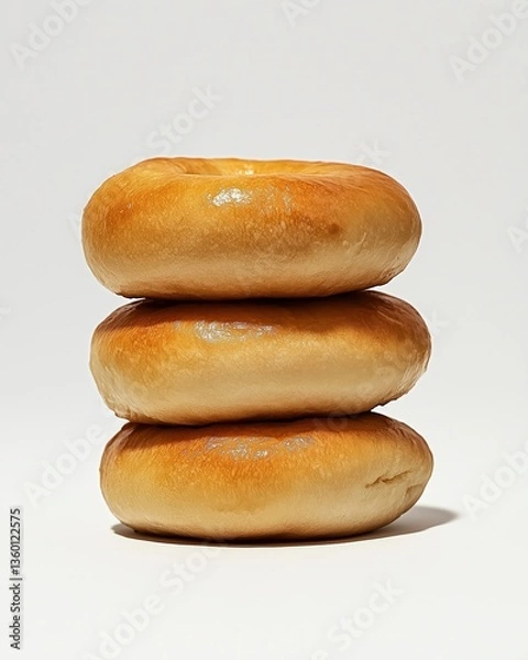 Fototapeta Stack of Three Plain Bagels on White Background in Simple Close-up Studio Shot