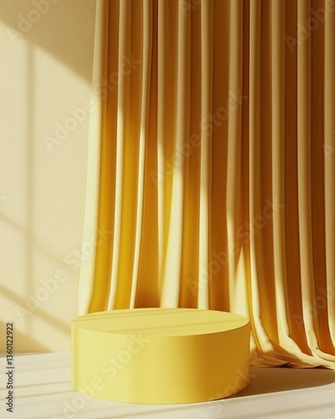 Obraz Minimalist Yellow Product Display Podium with Curtain and Sunlight, Simple and Clean Design, Copy Space