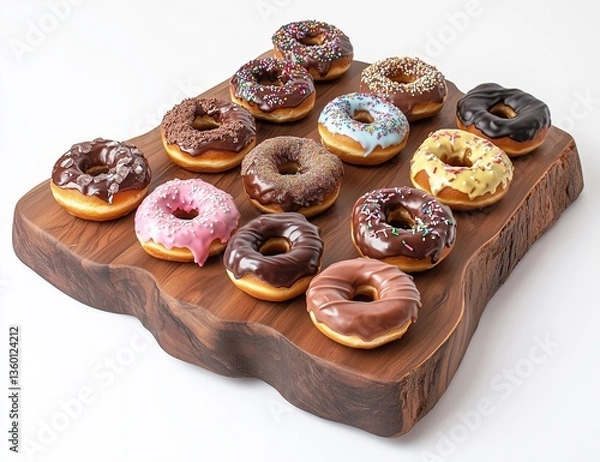 Obraz Delicious Assorted Donuts Displayed on Wooden Board, Perfect for Sweet Treats