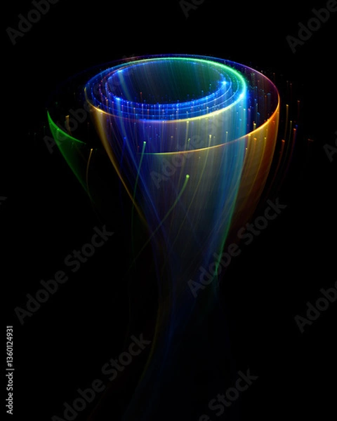 Obraz Swirl Stage. Neon glowing circles. Light Trails. Glint bright spiral. Motion ellipse..Slow shutter light trajectory. Long shiny tape. Accelerate twisted ribbon. Glowing dynamic lines.