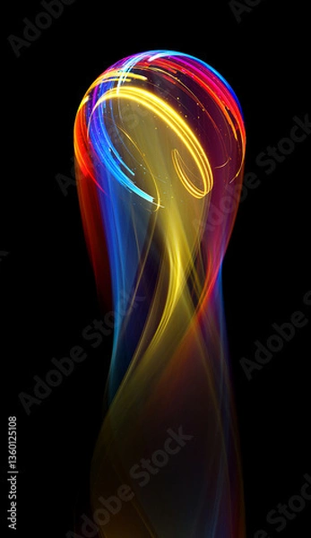 Obraz Swirl Stage. Neon glowing circles. Light Trails. Glint bright spiral. Motion ellipse..Slow shutter light trajectory. Long shiny tape. Accelerate twisted ribbon. Glowing dynamic lines.
