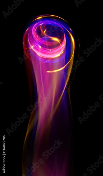 Obraz Swirl Stage. Neon glowing circles. Light Trails. Glint bright spiral. Motion ellipse..Slow shutter light trajectory. Long shiny tape. Accelerate twisted ribbon. Glowing dynamic lines.