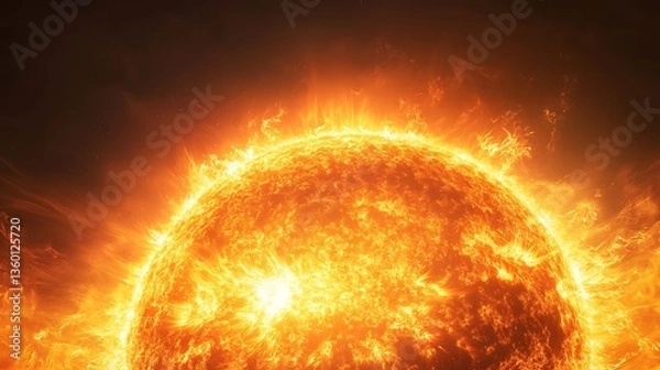 Fototapeta Fiery Sun with Intense Solar Flares, A fiery, glowing sun with intense solar flares and a dark background