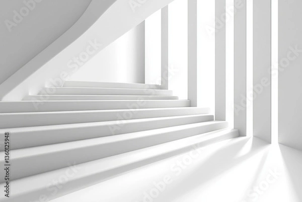 Fototapeta White staircase with bright light streaming through, casting shadows on steps.