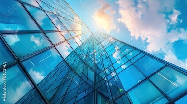 Fototapeta Modern office tall building with window glass reflection on blue sky view background. Generated AI
