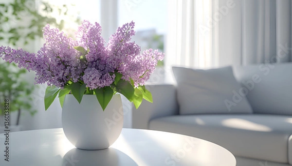 Obraz Serene minimalist living room with lilac bouquet on table. concept of home elegance, interior design, tranquil spaces, floral decoration. Spring bouquet of flowers. Copy space