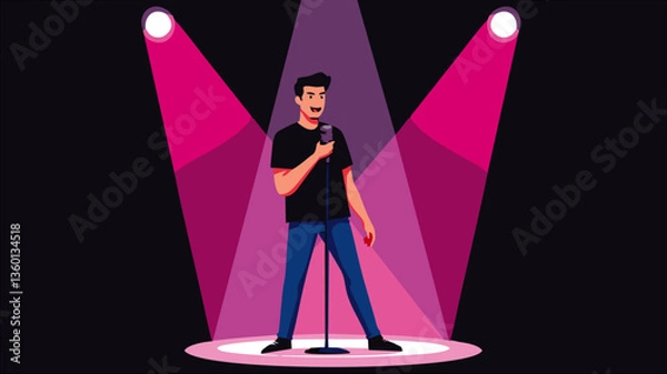 Obraz Cantor no palco com microfone sob os holofotes de luz