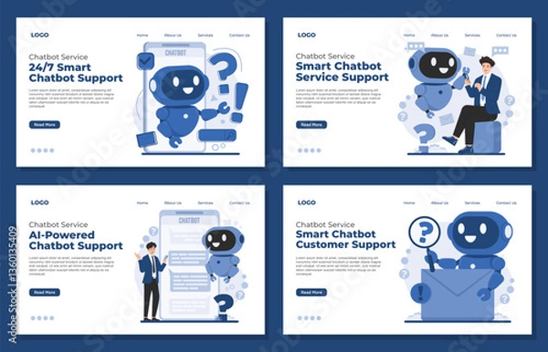 Fototapeta Set of Landing page template AI chatbot service for instant chat bot customer support illustration concept user experience with automated responses and smart assistance