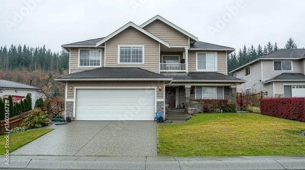 Fototapeta Suburban two-story home on overcast day. Trees in background. For real estate listings