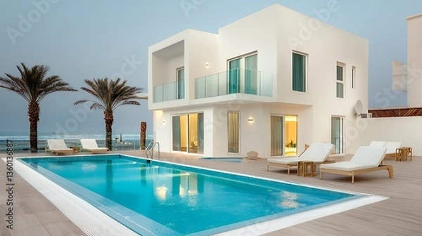 Fototapeta Modern Two Story White Villa with Pool and Ocean View Under a Cloudy Sky