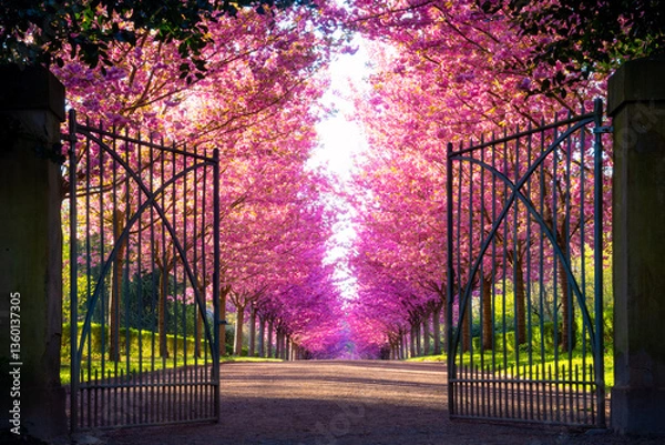 Obraz Open entrance gate to Dortmund's Rombergpark with the flowering cherry tree avenue on a sunny April morning. Pink blossoms glow in the sunlight, inviting you to enjoy and take a stroll