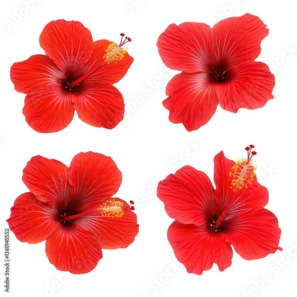 Obraz A Four vibrant red hibiscus flowers are displayed against transparency background, showcasing their intricate petals and prominent yellow stamens. flowers are arranged grid pattern, highlighting