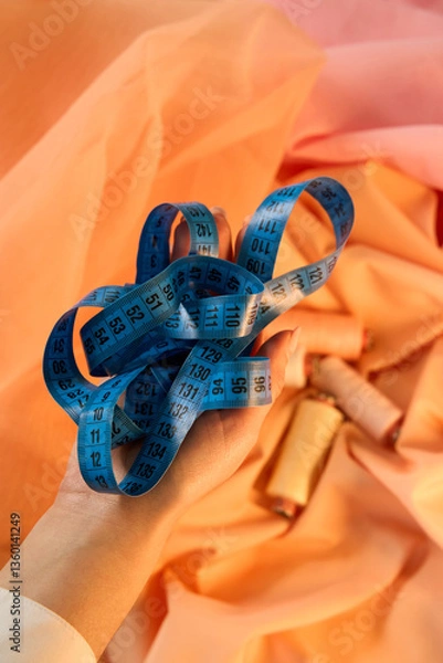 Fototapeta The tape is measured of thread peach and yellow color on a peach and pink background