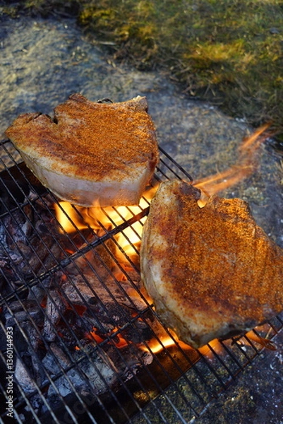 Obraz A whole red salmon filet with lemon and herbs