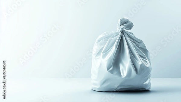Fototapeta A tied white plastic trash bag on a white surface against a white background.