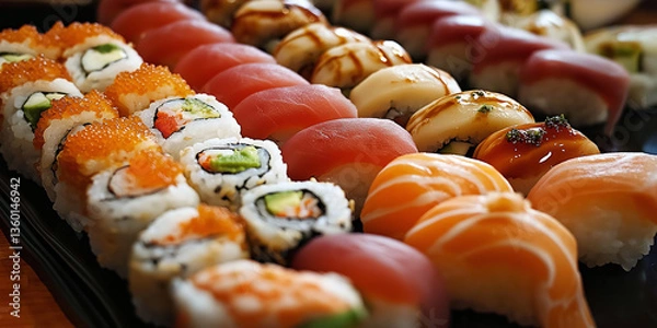 Fototapeta A beautifully arranged sushi combo on a table surrounded by friends, warm lighting, DSLR camera, shallow depth of field, vibrant sushi colors, cozy atmosphere