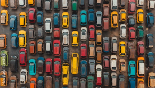 Obraz Aerial View of Colorful Cars Parked in Tight Rows