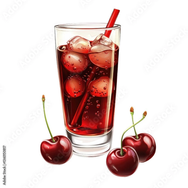 Fototapeta Cherry Refreshment: A close-up of a refreshing cherry drink in a glass, adorned with cherries and ice, creating a vibrant, enticing display.