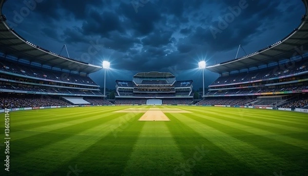 Obraz A breathtaking cricket stadium under a dramatic twilight sky where anticipation and excitement for the big match build in wide angle cinematic views