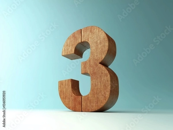 Obraz Wooden number three against a blue background.