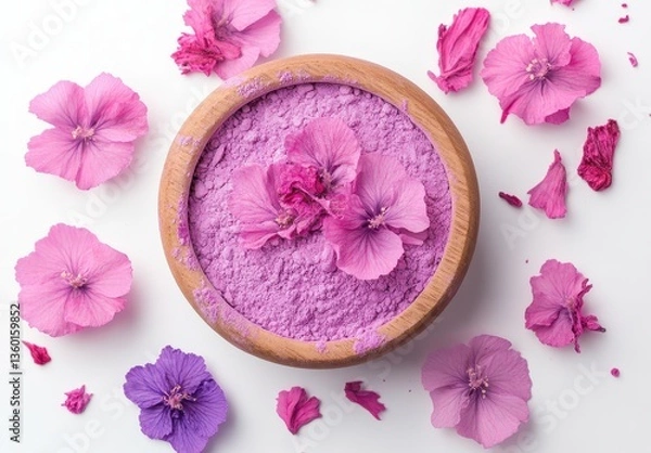 Obraz Elegant bowl of vibrant pink powder surrounded by delicate floral decorations on a light background, perfect for artistic and lifestyle concepts.