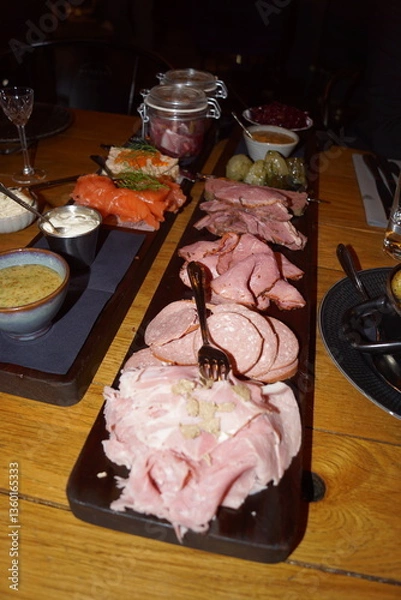 Obraz An delicious looking Swedish Julbord Christmas Buffet with a lot of meat, fish and cold cuts