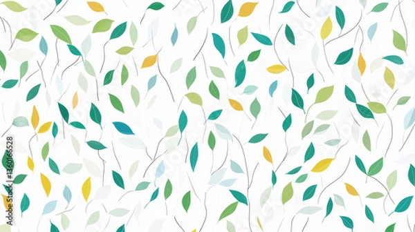 Fototapeta seamless pattern featuring small, minimal foliage motifs with colorful leaves in shades of green, yellow, and blue on white background, creating fresh and vibrant design