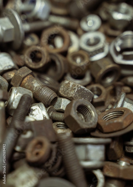 Fototapeta old rusty screws, nuts and bolts with dust grunge style
